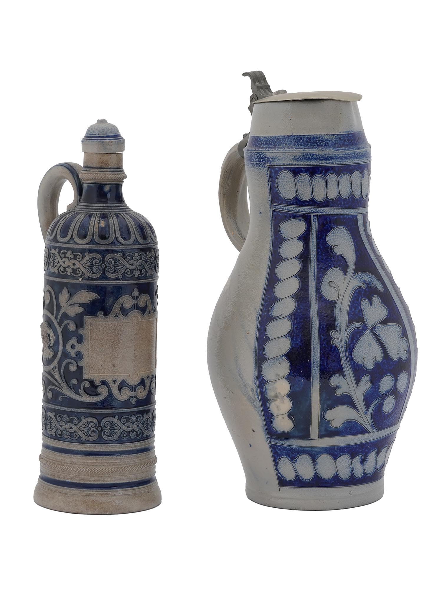 ANTIQUE FRENCH BLUE AND WHITE CERAMIC CIDER JUGS PIC-0